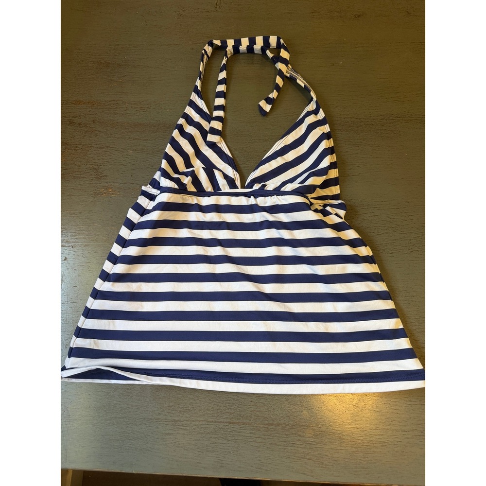 Mossimo Navy Blue White Striped Halter Tankini Swim Top Large V-Neck Nautical